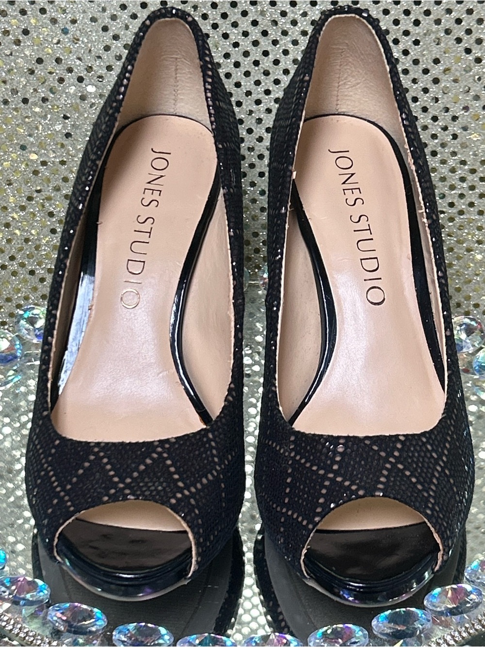 Jones Studio Black Lace Peep-Toe Pumps Size 6.5